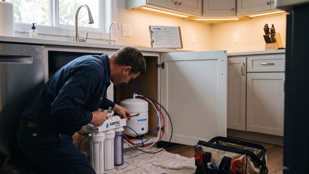 Licensed plumber installing an AMPAC USA under-sink reverse osmosis system in a home kitchen