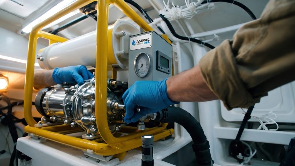 Marine engineer checking the high-pressure pump on an AMPAC USA marine watermaker in a machinery space