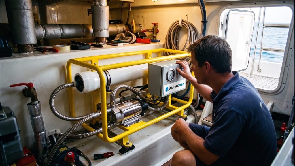 Crew member checking the pressure gauge on an AMPAC USA marine watermaker in a yacht engine room