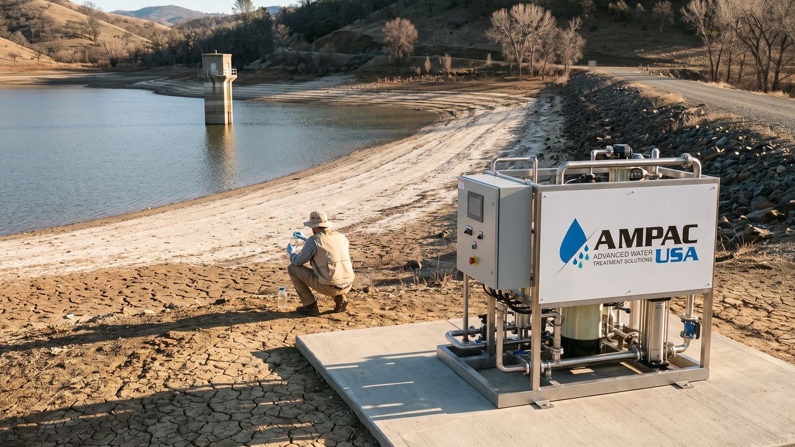 Hydrologist sampling a drought-lowered reservoir beside an AMPAC USA water treatment skid