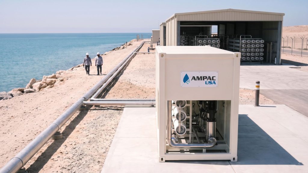 Containerized AMPAC USA reverse osmosis unit at a coastal seawater desalination facility in the Middle East