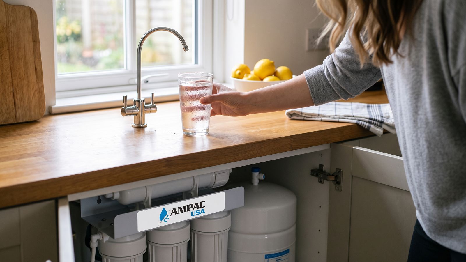 Woman reaching for a glass of purified water beside a drinking-water tap, with an AMPAC USA reverse osmosis system under the sink