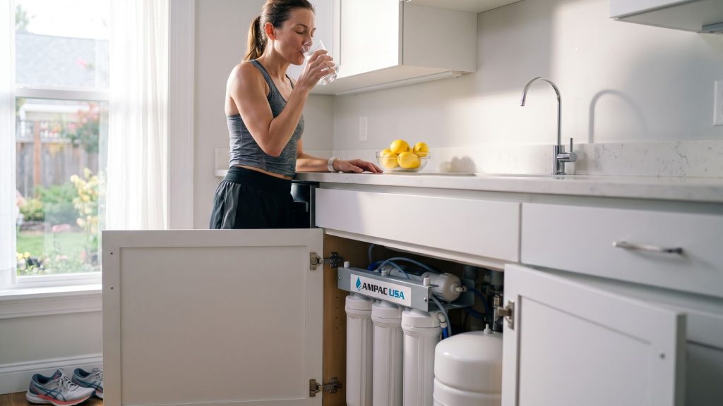 Woman drinking a glass of purified water in a kitchen with an AMPAC USA under-sink reverse osmosis system