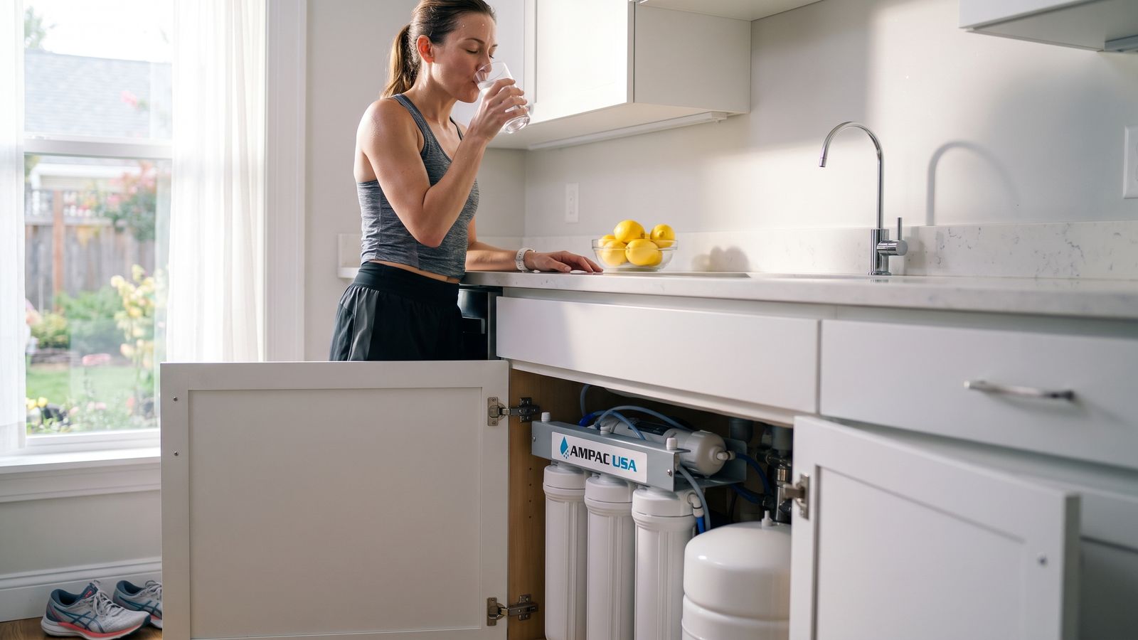 Woman drinking a glass of purified water in a kitchen with an AMPAC USA under-sink reverse osmosis system