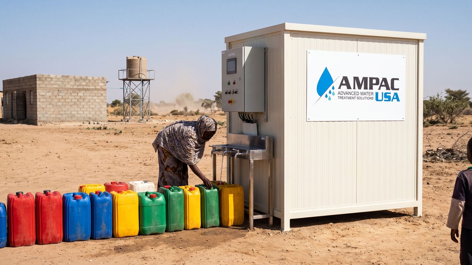Woman filling water containers at a containerized AMPAC USA water treatment unit in a dry rural community