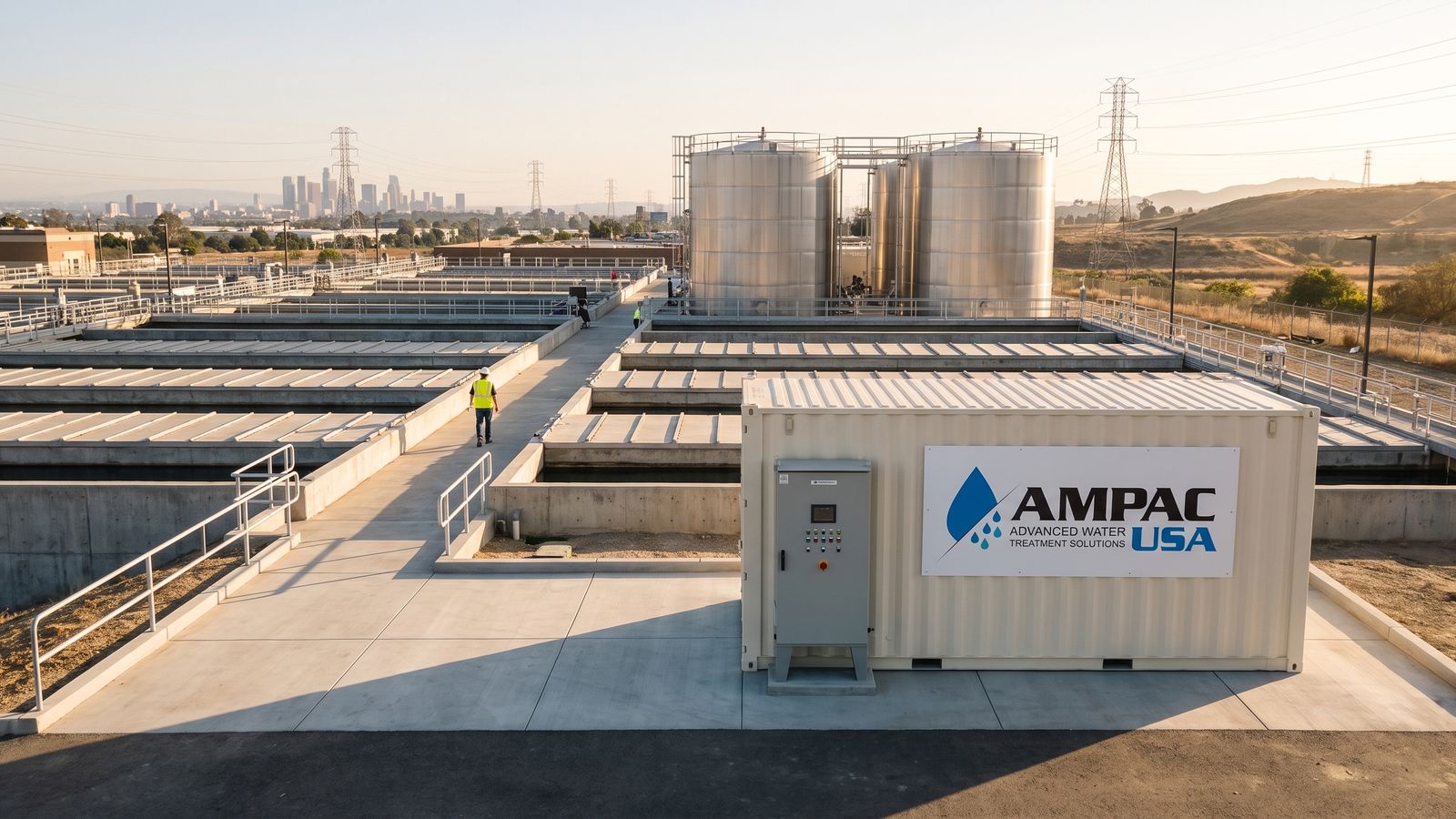 Containerized AMPAC USA reverse osmosis unit on a large municipal water treatment site at golden hour