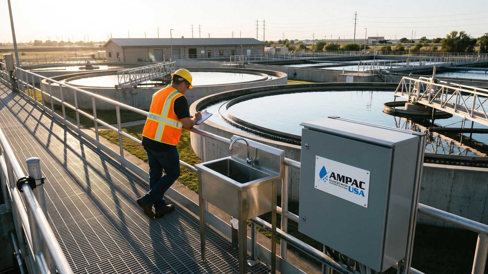Plant operator on the walkway of a water reclamation plant beside an AMPAC USA control panel and clarifier tanks