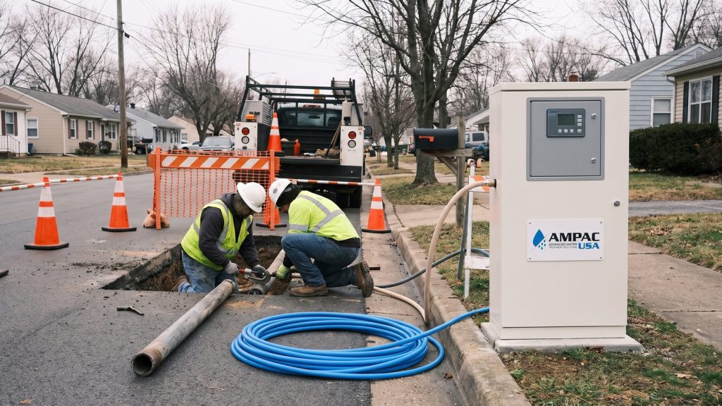 Utility crew replacing a lead water service line while a curbside AMPAC USA treatment unit supplies temporary drinking water