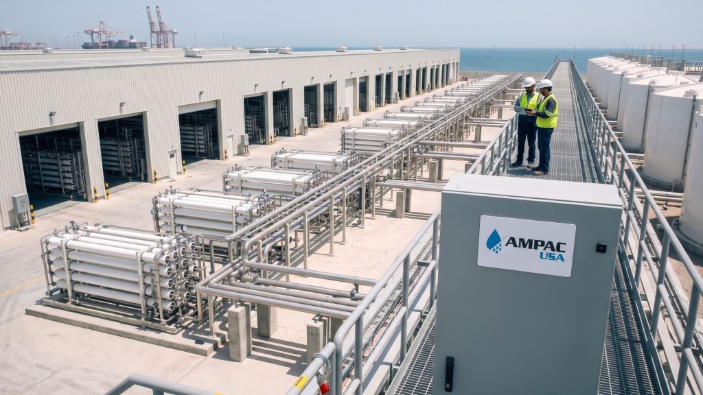 Engineers on an elevated walkway above a large desalination complex beside an AMPAC USA control panel