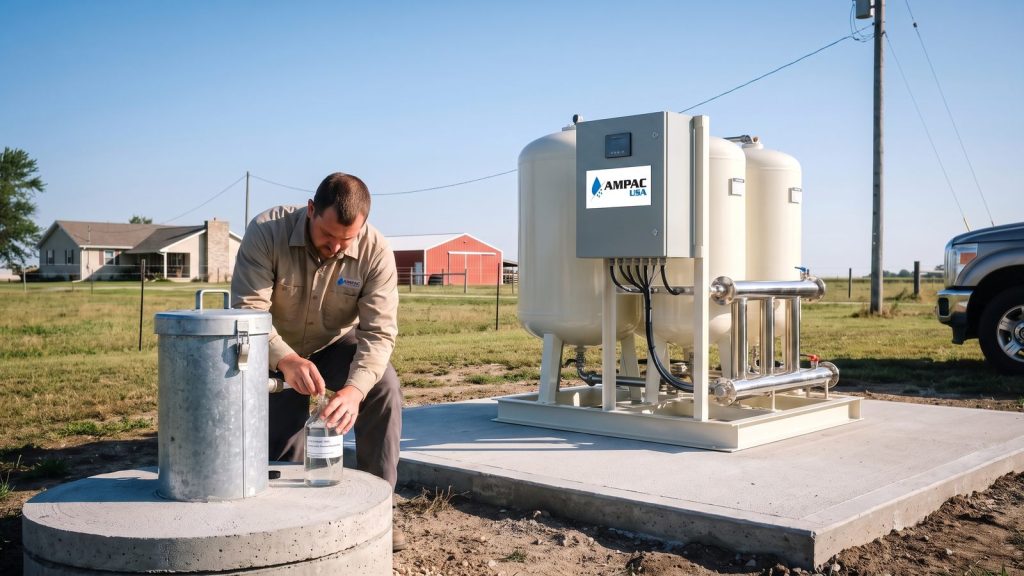 AMPAC USA treatment skid at a rural well head with a technician drawing a water sample