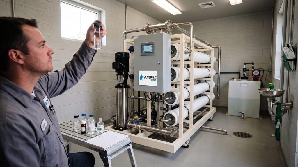 AMPAC USA reverse osmosis skid in a municipal treatment building with an operator checking a fluoride sample