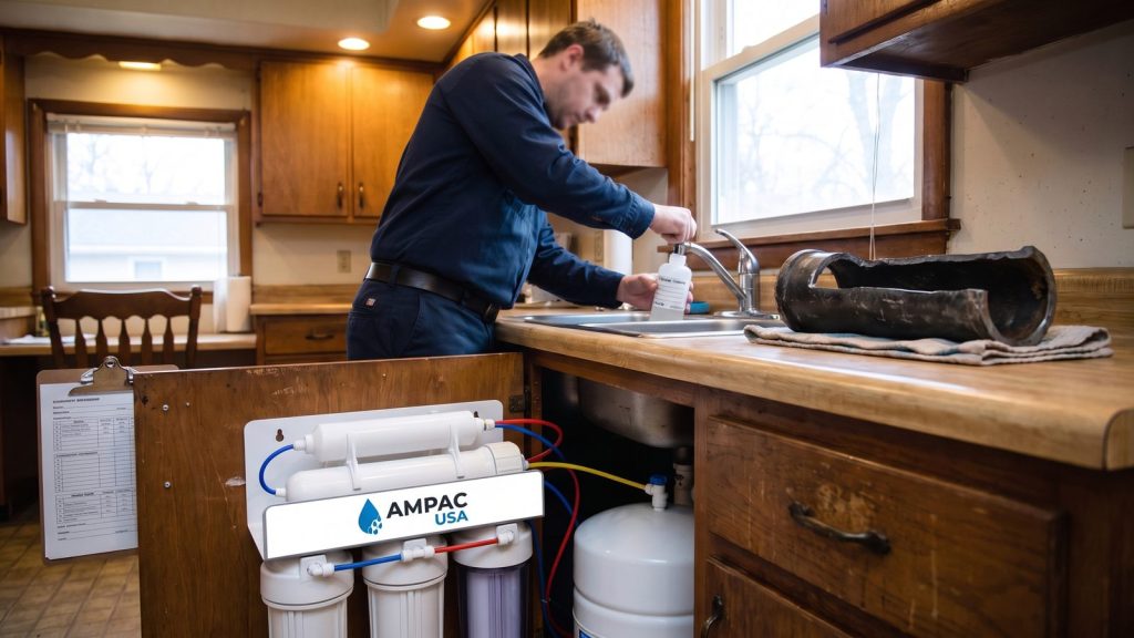 AMPAC USA residential reverse osmosis system under a kitchen sink beside a cutaway lead service pipe