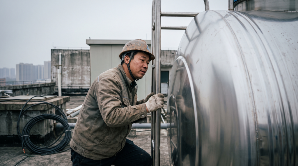 Technician inspecting a stainless water storage tank on a rooftop