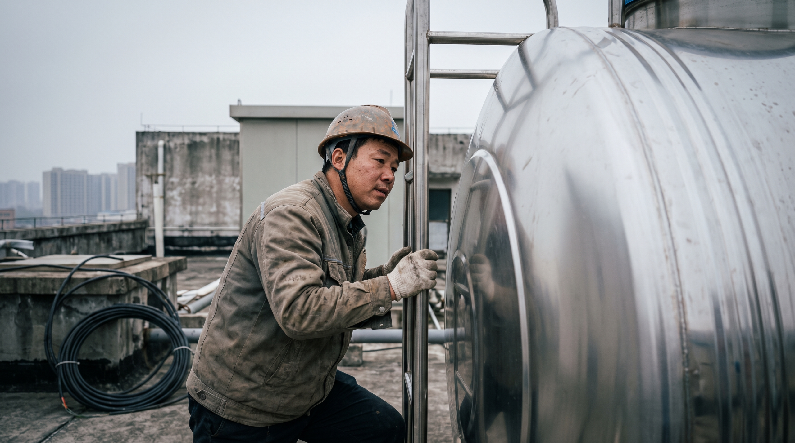 Technician inspecting a stainless water storage tank on a rooftop