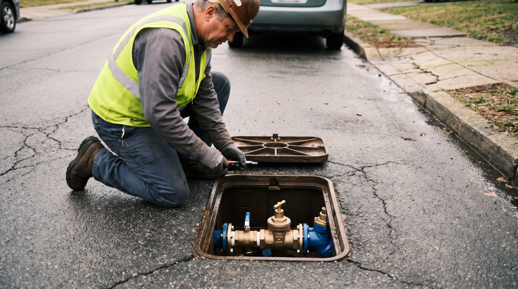 Utility worker inspecting an open water main valve box