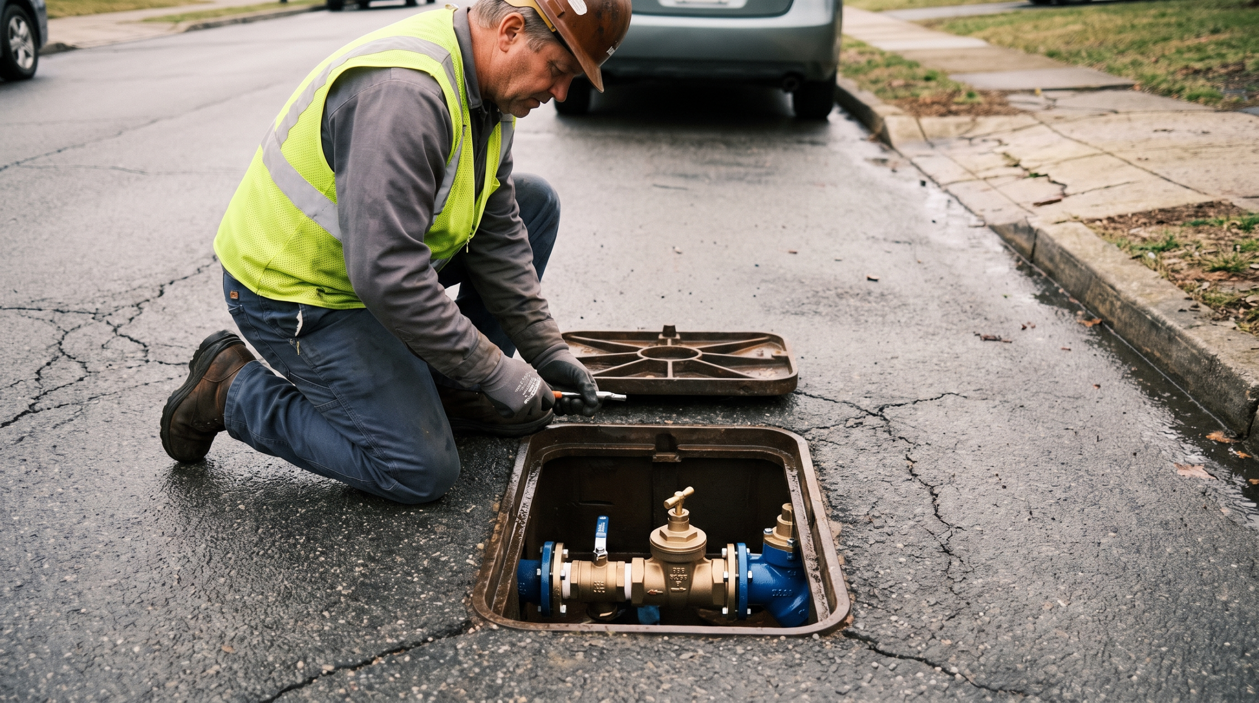 Utility worker inspecting an open water main valve box