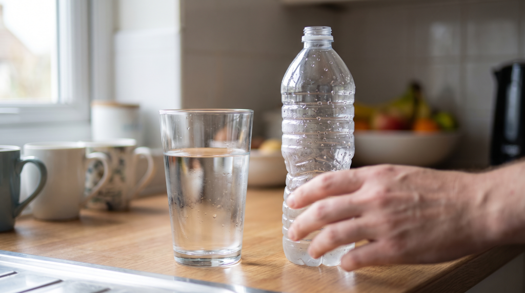 Glass of tap water next to a bottled water on a kitchen counter