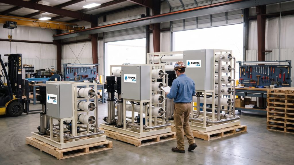 Three AMPAC USA commercial reverse osmosis systems of ascending size on a manufacturing floor