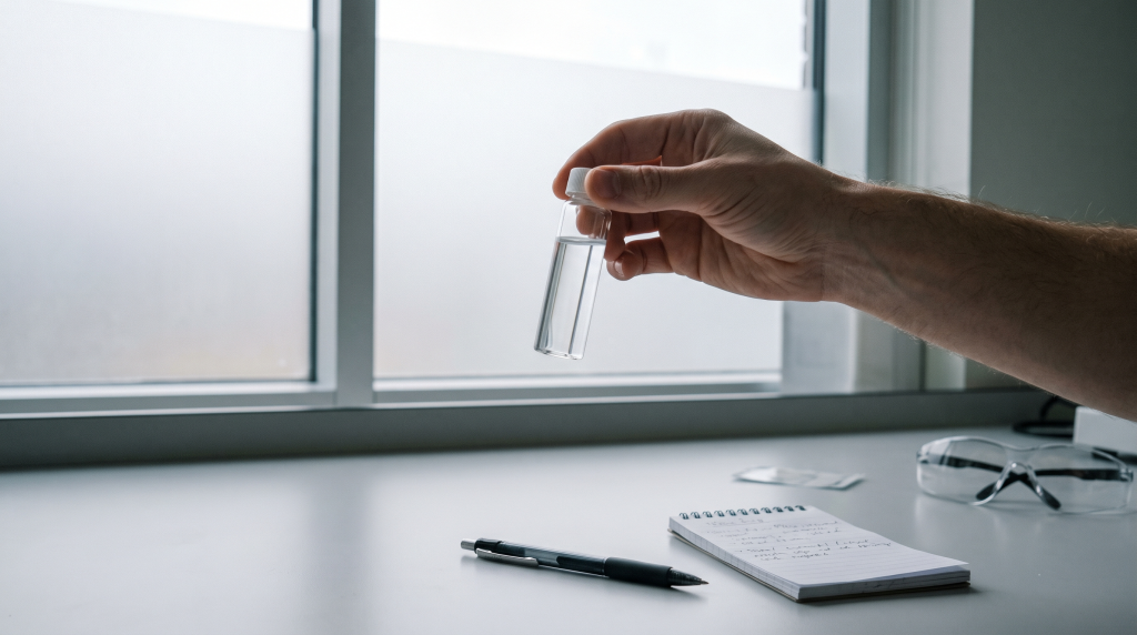 Hand holding a clear water sample vial up to window light