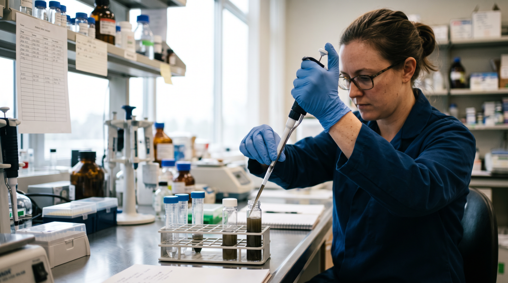 Lab technician pipetting a wastewater sample into a test vial