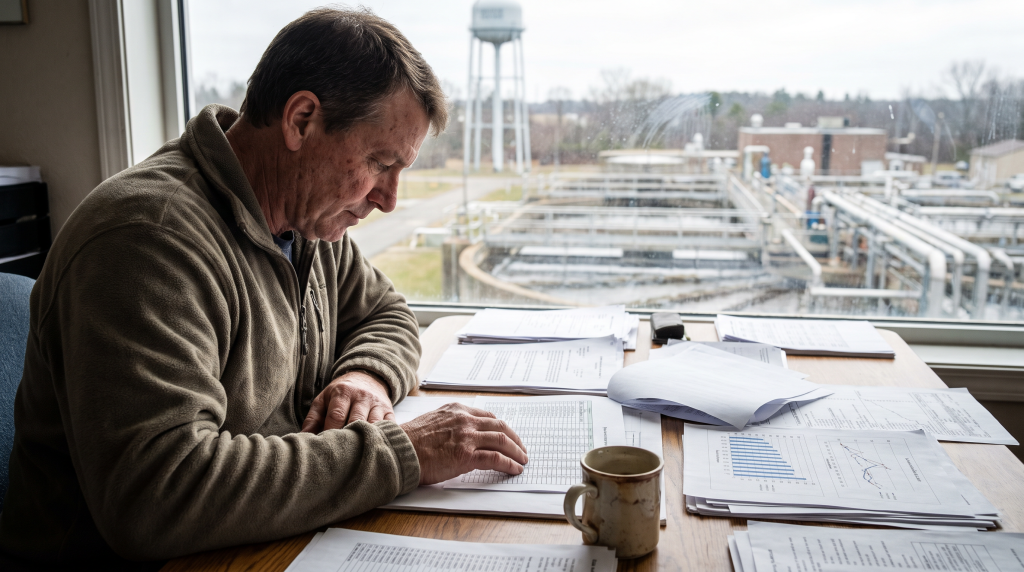 Utility manager reviewing cost printouts with a treatment facility in view