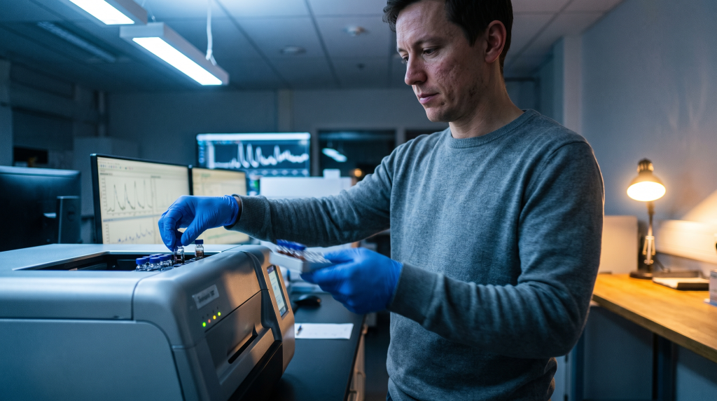 Lab technician loading water samples into an analysis instrument