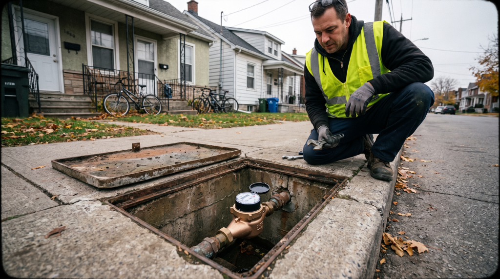 Technician inspecting a residential water meter pit on a street
