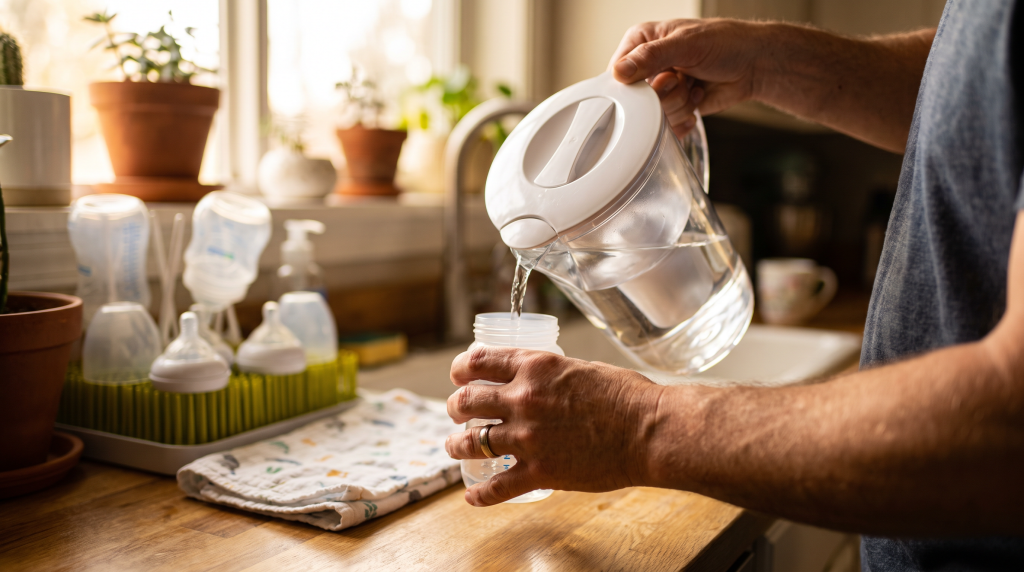 Parent pouring filtered water into a baby bottle at a kitchen counter