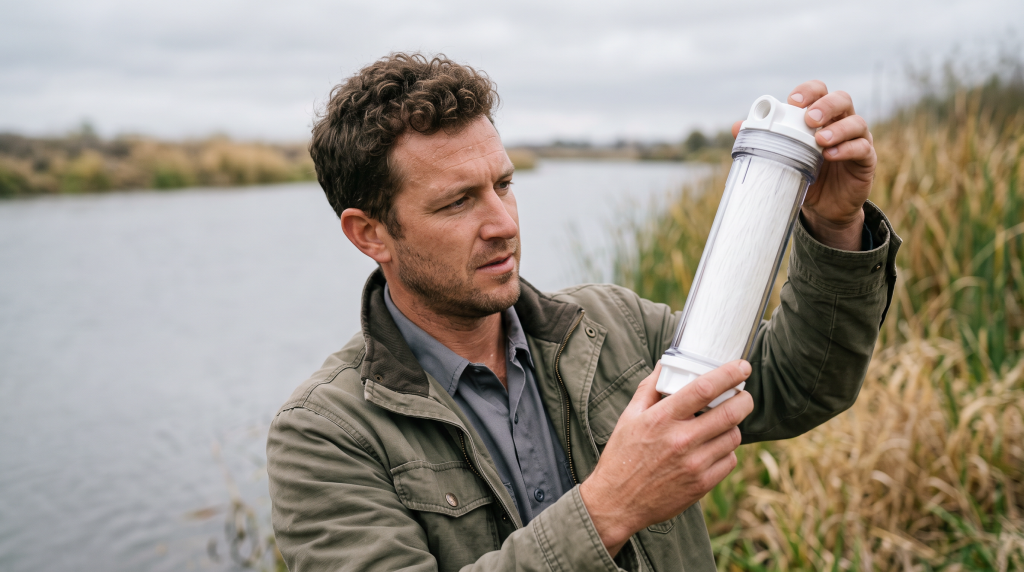 Technician inspecting a membrane filter cartridge near a reservoir