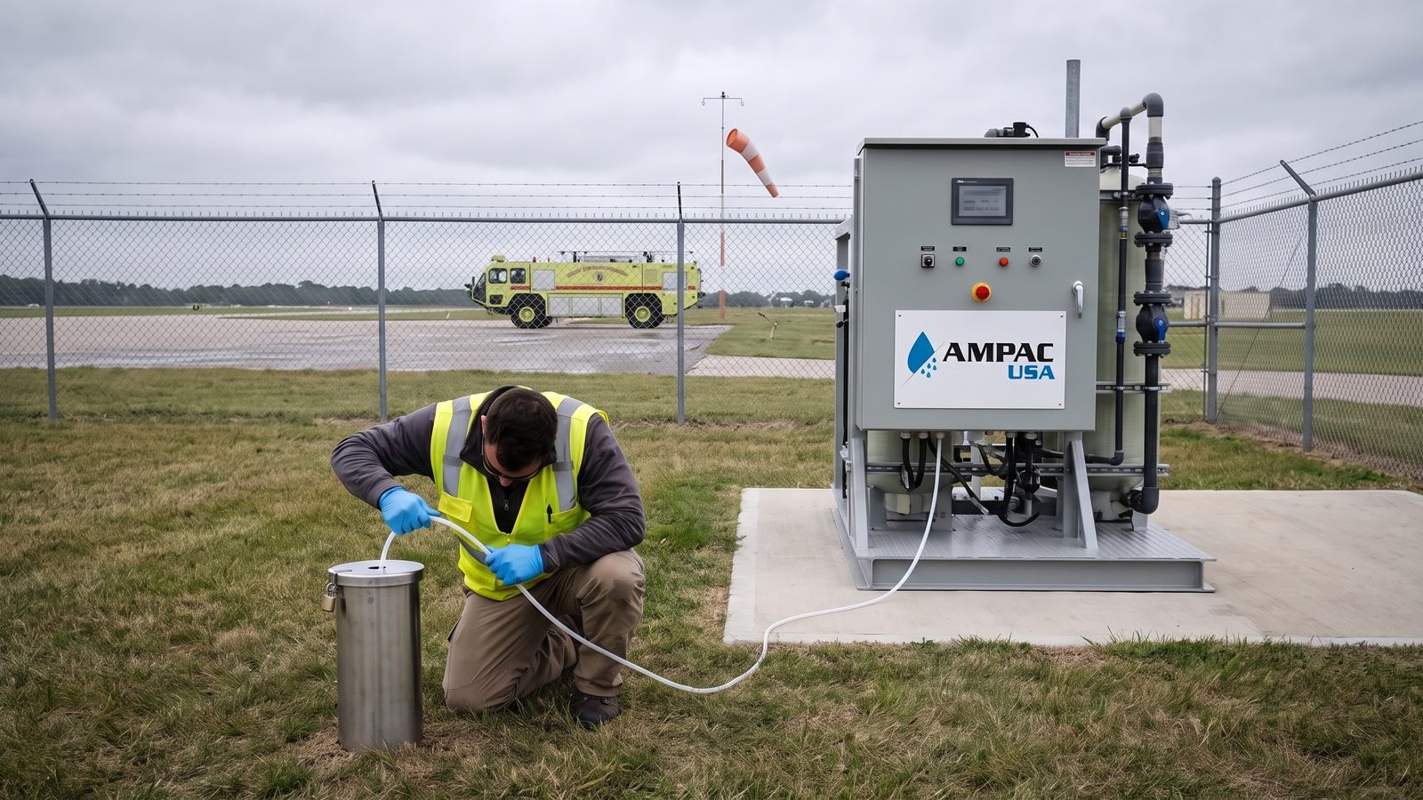 AMPAC USA treatment skid at an airfield fire-training area with a technician sampling a groundwater monitoring well