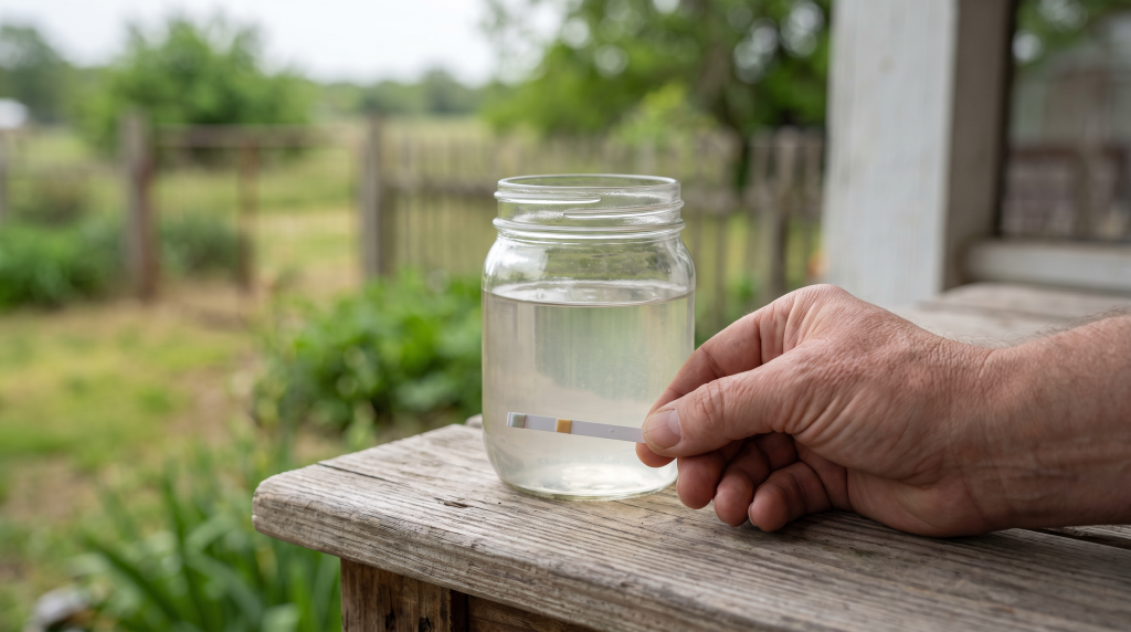 Hand holding an arsenic test strip next to a glass of well water