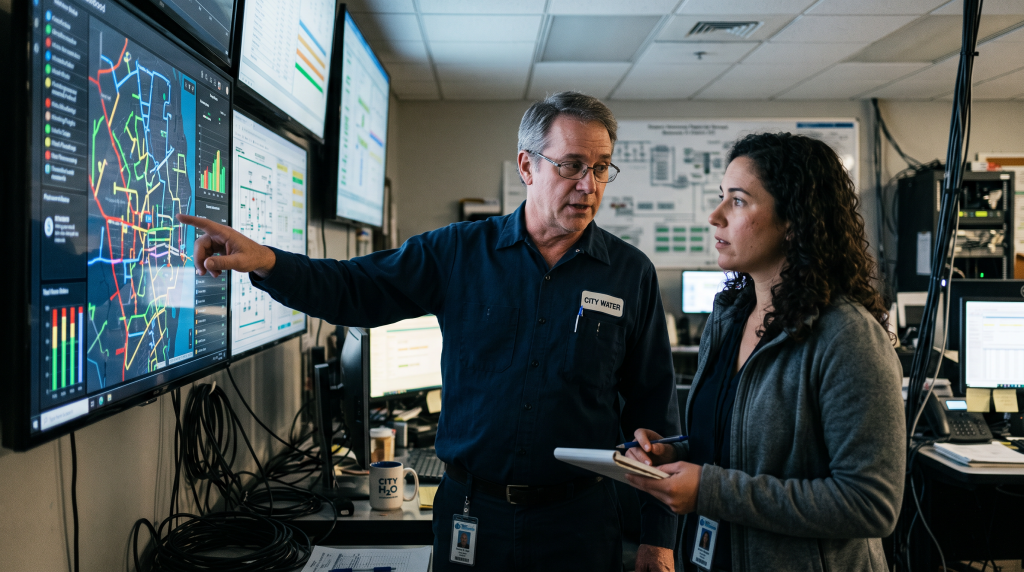 Water utility professionals reviewing a monitoring dashboard in a control room