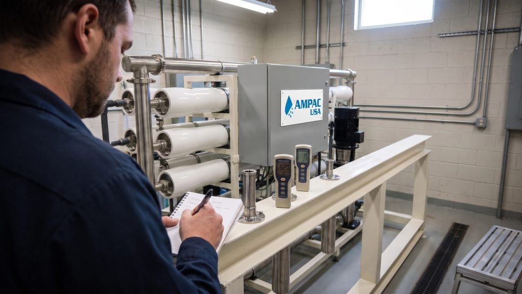 AMPAC USA reverse osmosis skid with a technician comparing feed and permeate TDS readings