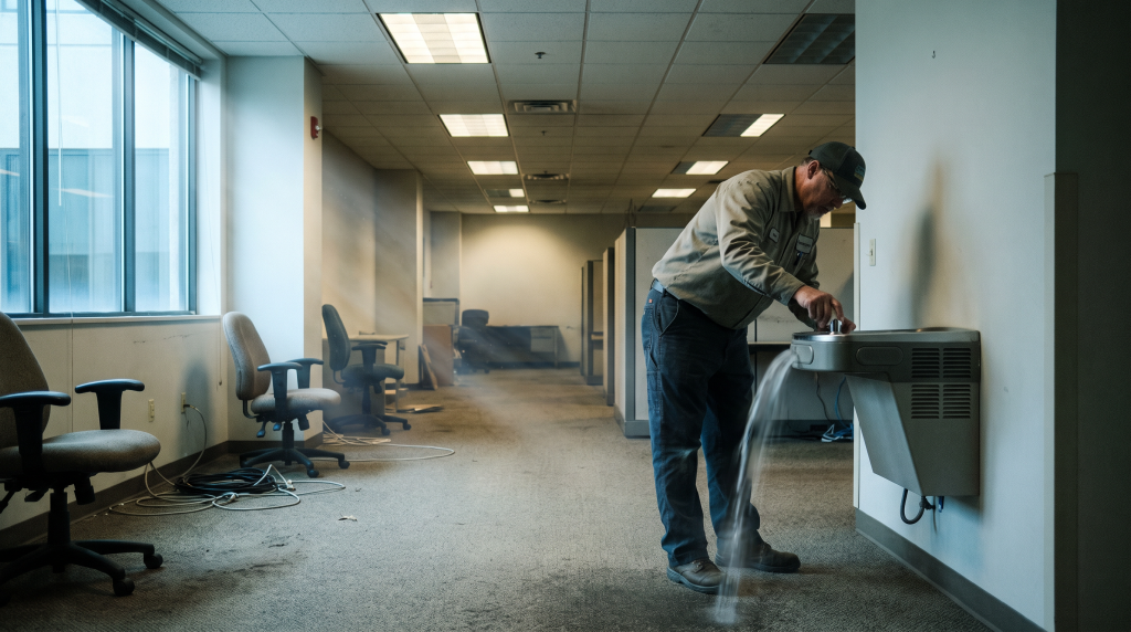 Facilities technician flushing a hallway drinking fountain in an empty office