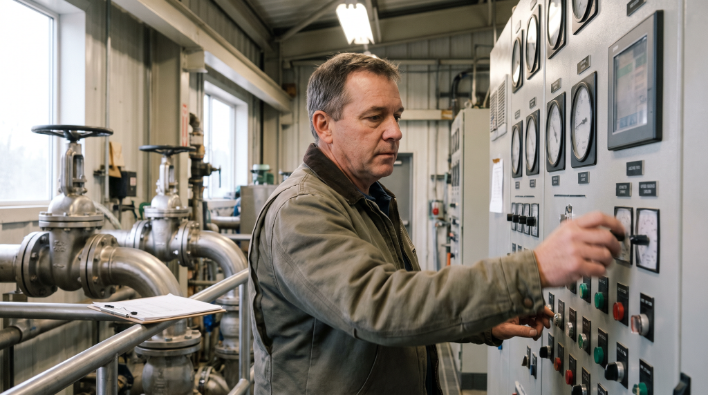 Water treatment plant operator checking control panel gauges