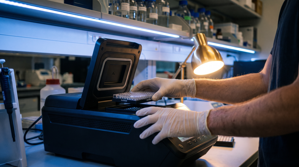 Lab technician loading a PCR sample tray