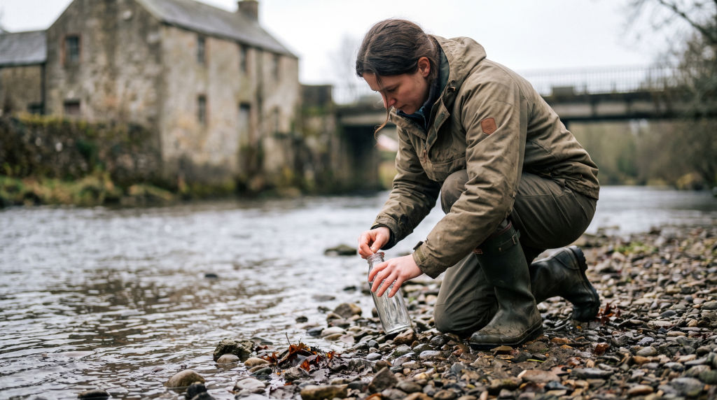 Researcher collecting a water sample on a riverbank