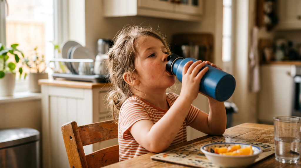 Child drinking water from a reusable bottle at a kitchen table