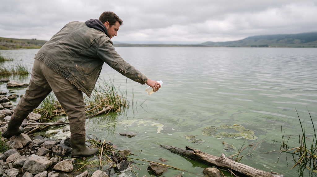 Technician collecting a water sample near an algae bloom at a lake shoreline