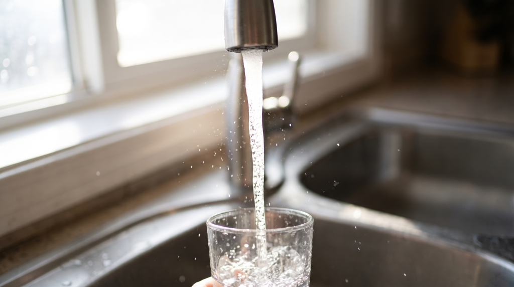 Glass of tap water being poured at a kitchen sink