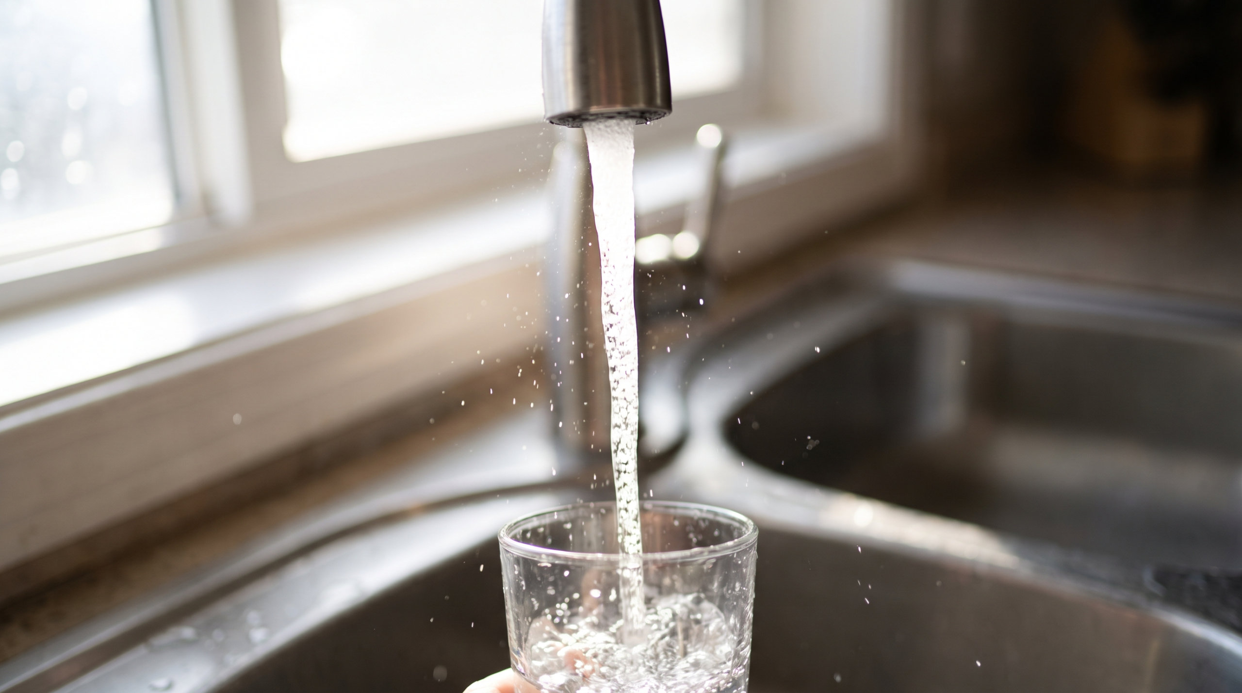 Glass of tap water being poured at a kitchen sink