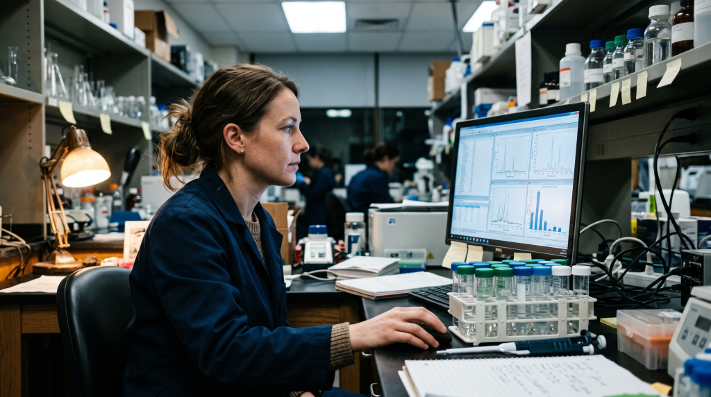 Toxicologist reviewing lab data on a monitor with sample vials