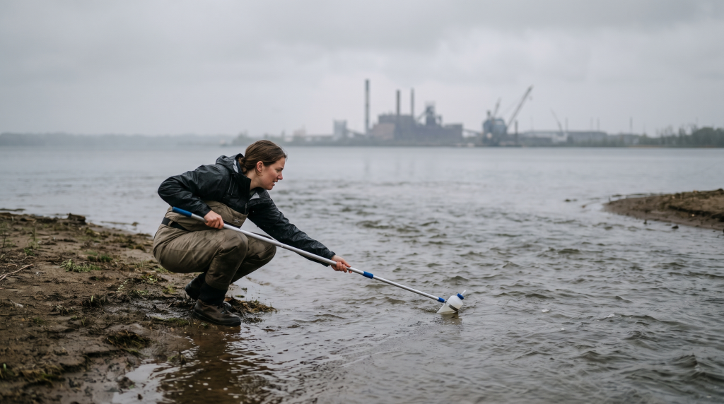 Researcher collecting a water sample at a tributary river mouth