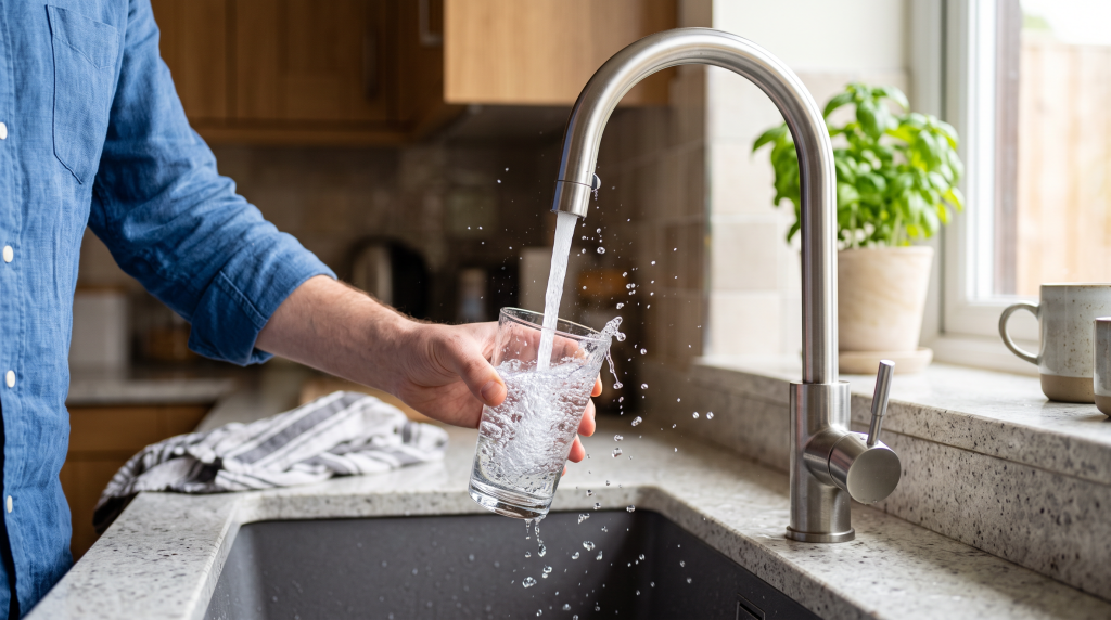 Kitchen faucet filling a glass with water, close-up with natural daylight