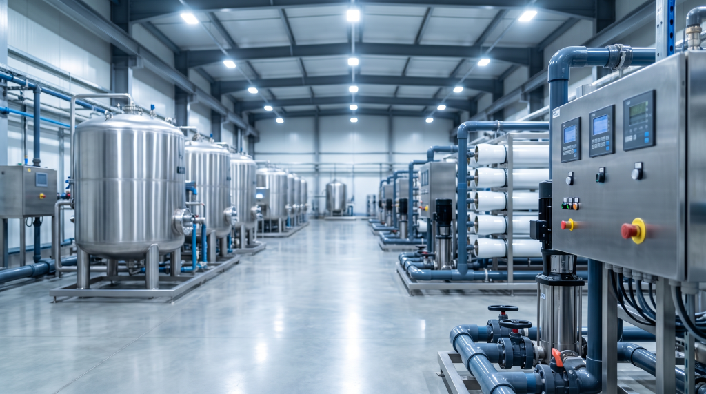Modern industrial reverse osmosis water treatment facility with brand-new stainless steel membrane vessels