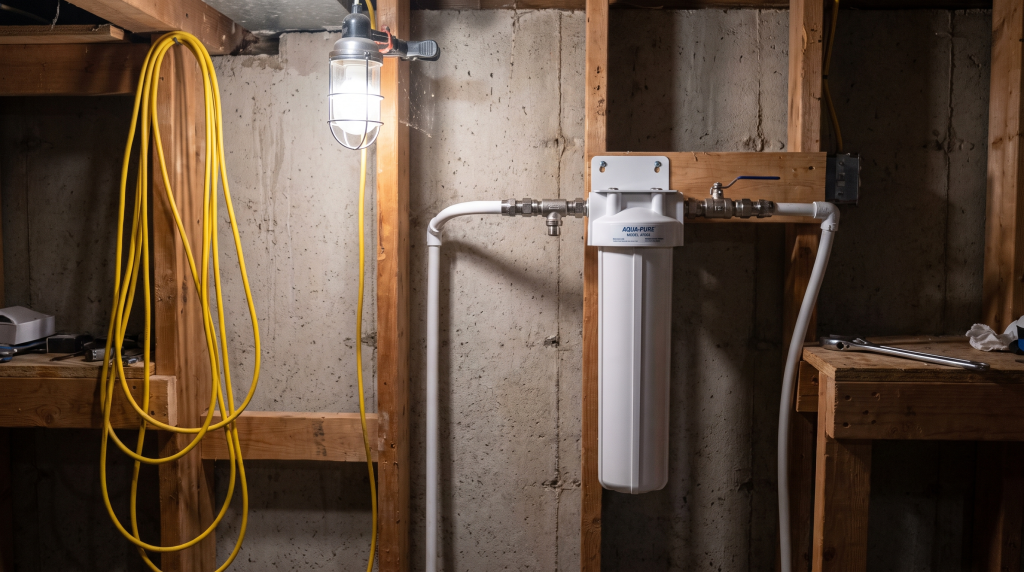 Point-of-entry water filtration system mounted on a residential basement wall