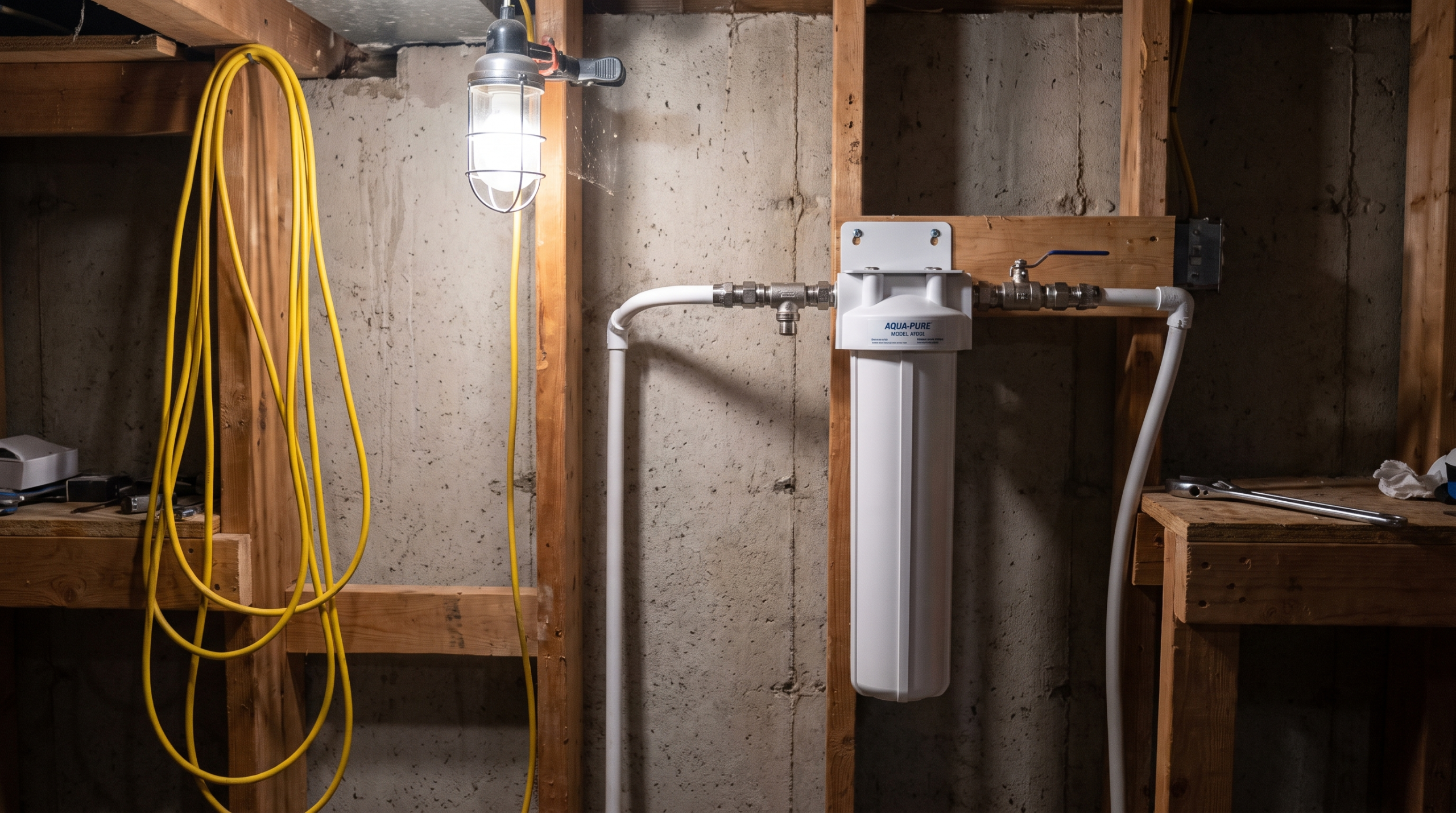 Point-of-entry water filtration system mounted on a residential basement wall