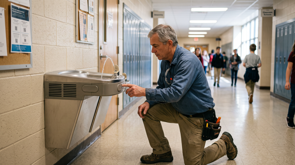 School maintenance worker testing a drinking fountain in a hallway