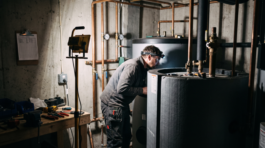 Technician inspecting a hot water heater tank in a mechanical room