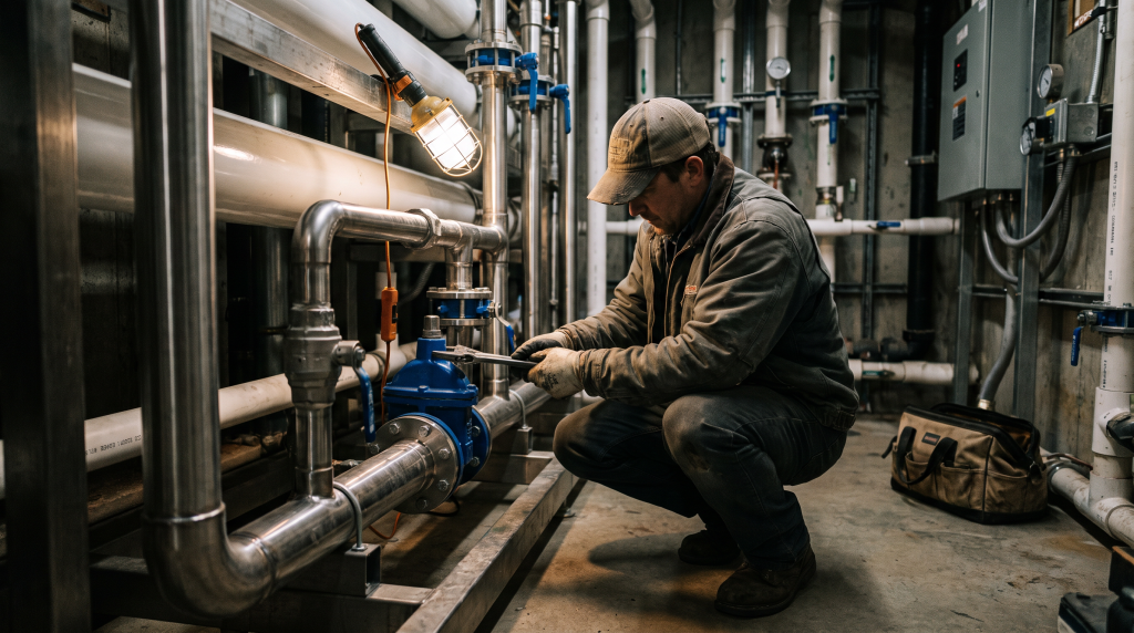 Technician inspecting commercial RO system piping in a mechanical room